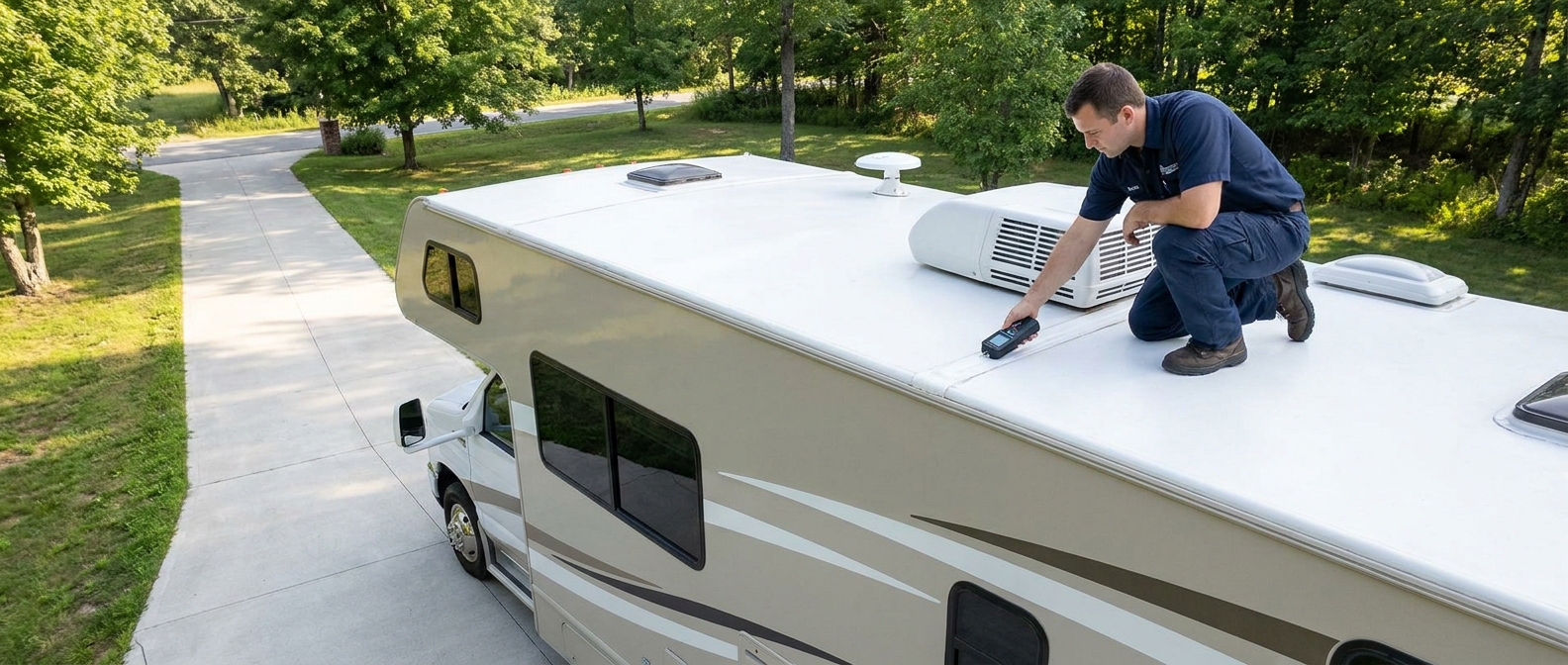 Technician inspecting the roof of a Class C motorhome