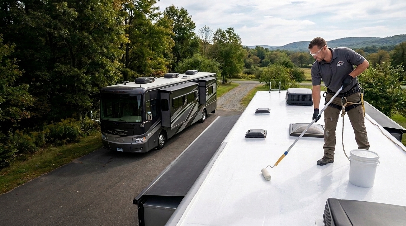 RV Roof Coating With Open White Bucket Technician applying seamless white coating to an RV roof beside an open plain white bucket