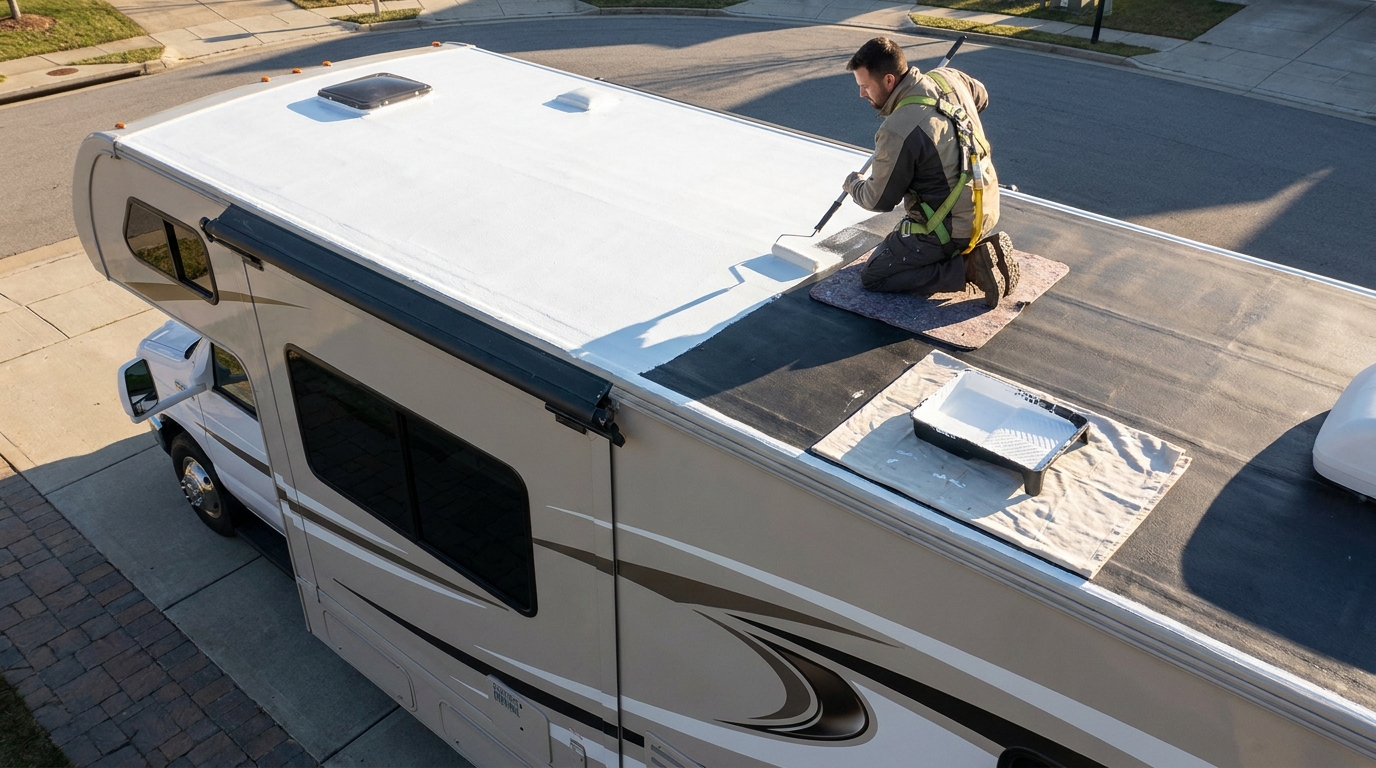 Technician rolling a seamless coating onto a Class C RV roof with no ladder on the roof