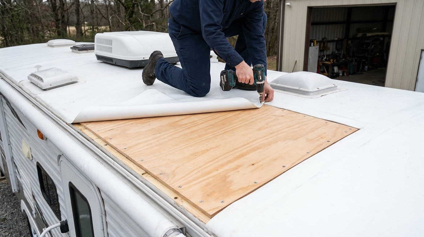 Technician fastening a flush replacement plywood section into a travel trailer roof deck
