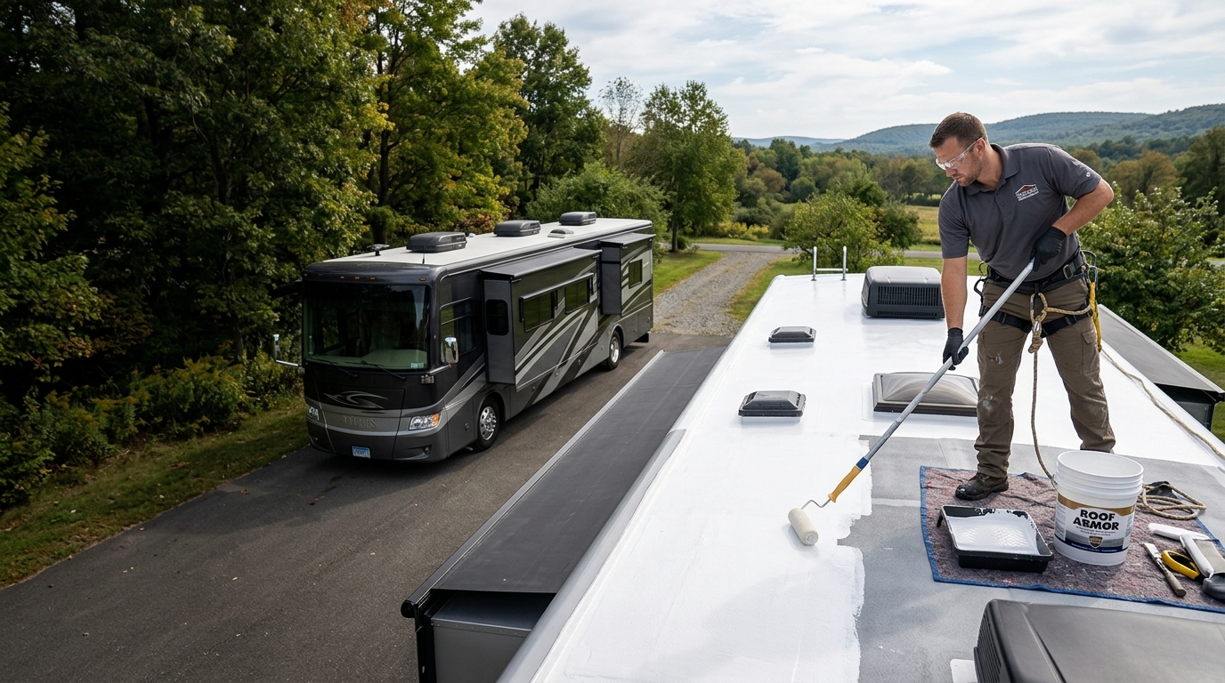 Professional applying a seamless white coating to an RV roof