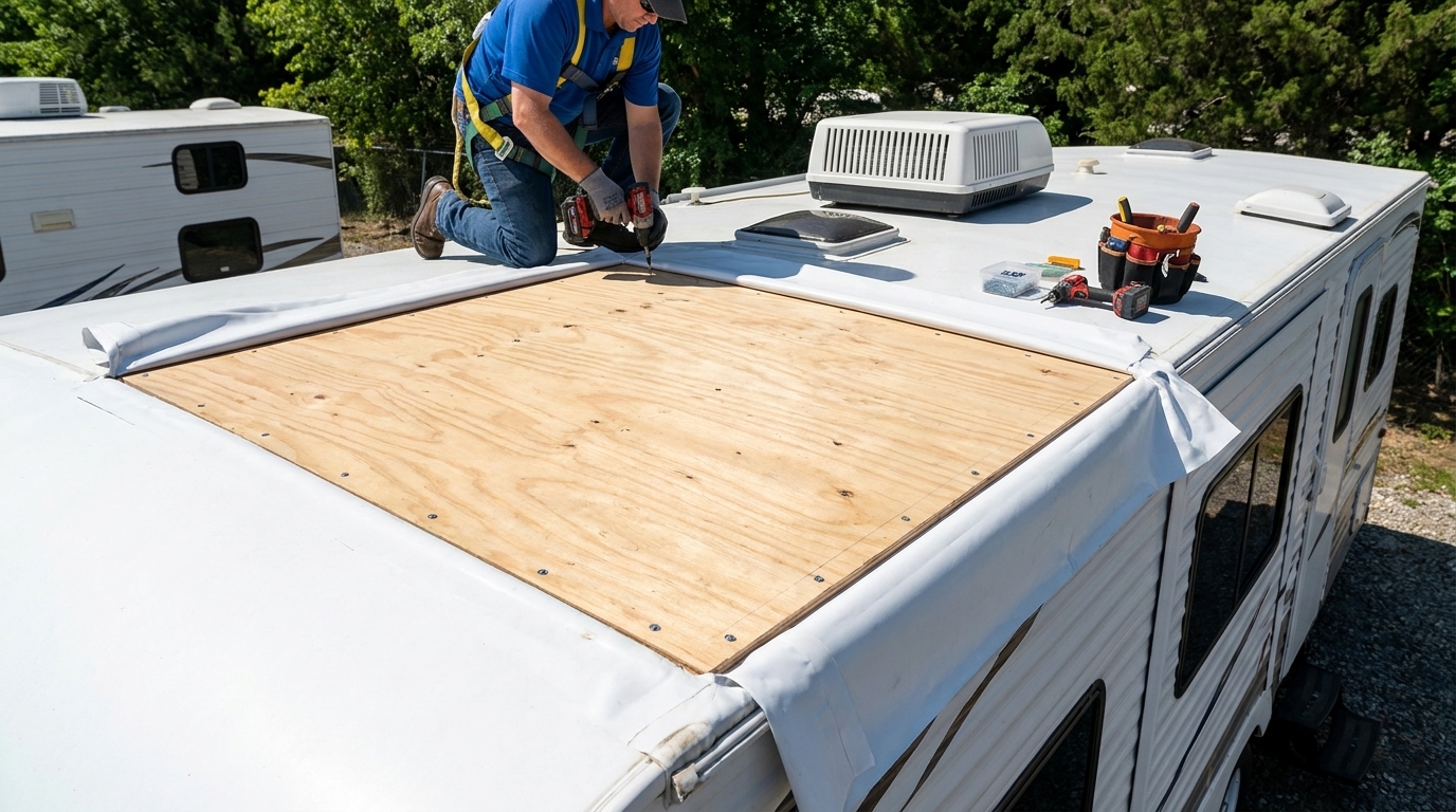 Technician fastening a large flush replacement plywood section into an RV roof deck