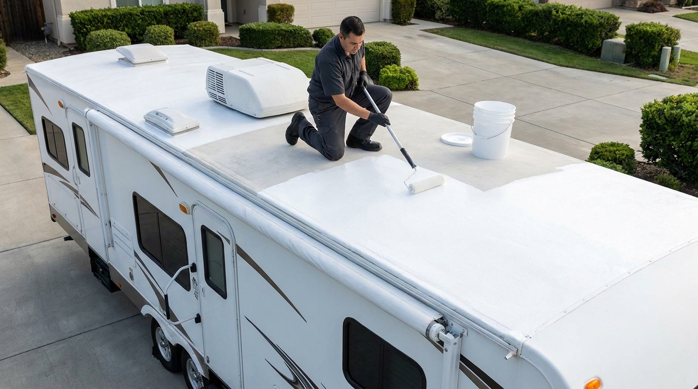 Technician rolling a seamless white coating onto a fifth-wheel RV roof