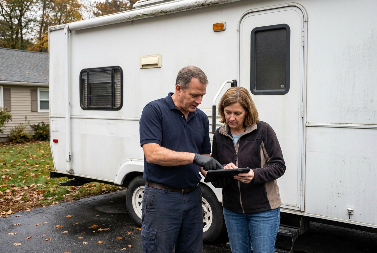 RV owner discussing roof concerns with a mobile service professional