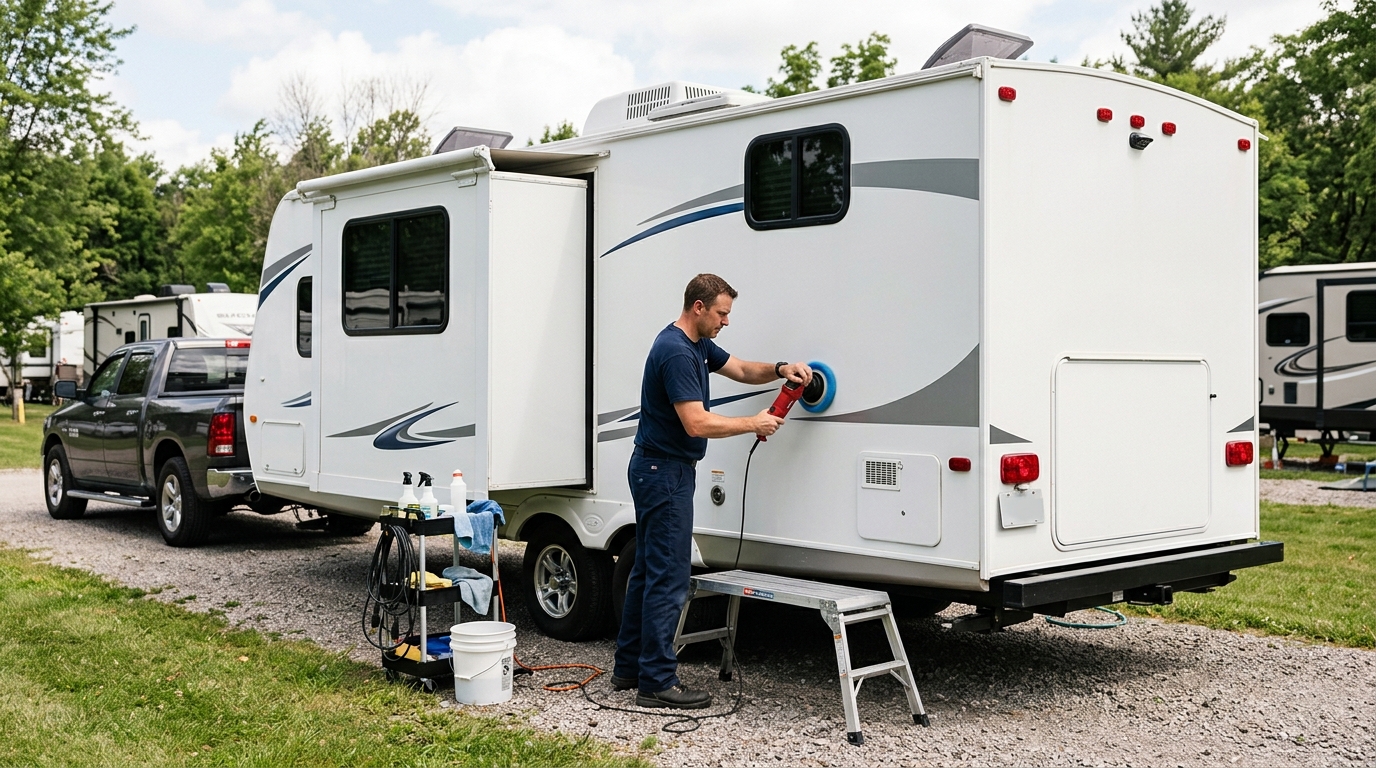 Camper and RV Detailing Professional polishing a normal modern family travel trailer