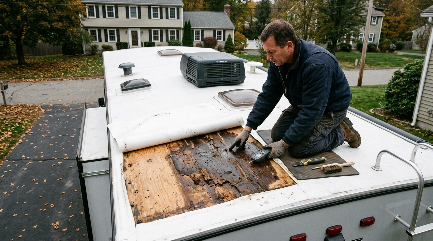 Homepage RV Roof Damage Inspection RV roof specialist inspecting water-damaged roof decking before repair